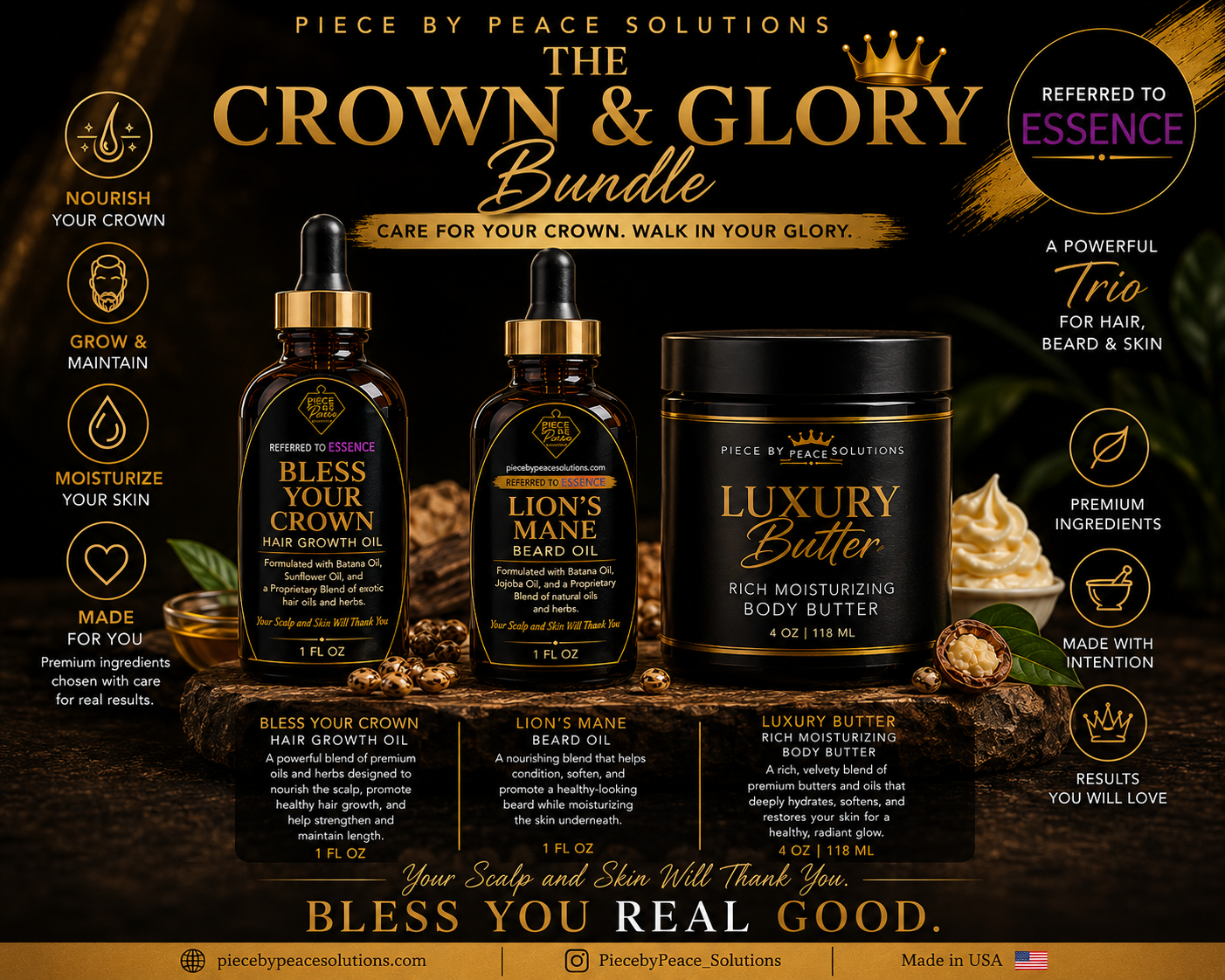 Body Care Essentials Bundle-- (All you have to choose for this order are the fragrances for the Body Butter and the Lion's Mane Beard Oil. The Bless Your Crown hair oil will be automatically placed in the shipment)