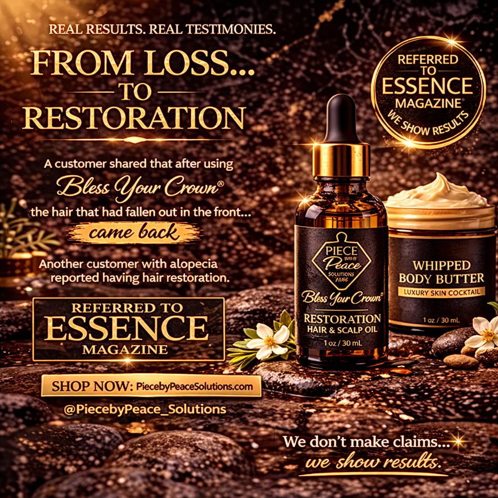 Bless Your Crown hair and scalp oil with whipped body butter on a wooden background, referred to Essence Magazine.